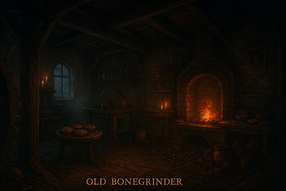 The interior of the Old Bonegrinder windmill is dimly lit and steeped in gothic horror. The ground floor is cluttered with rusted baking tools, cracked pie tins, and flour sacks that leak dust like ash. A warped oven glows faintly, casting flickering shadows across grindstones stained with bone dust. The walls are crooked and timbered, lined with shelves of enchanted pastries that hum softly. A splintered cabinet reveals tiny shoes, ribbons, and a faceless doll. In one corner, a trapdoor lies half-open, revealing a cellar with straw bedding and shackles. The atmosphere is oppressive, haunted, and heavy with the scent of burnt sugar and sorrow.