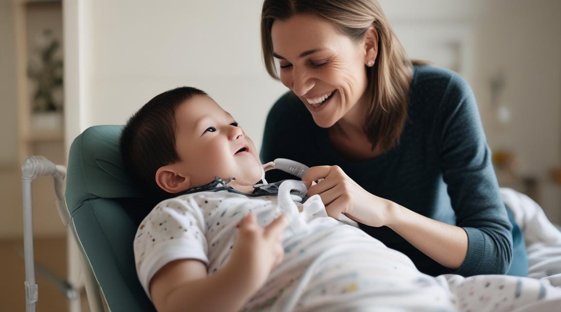 A smiling mother caring for a disabled child