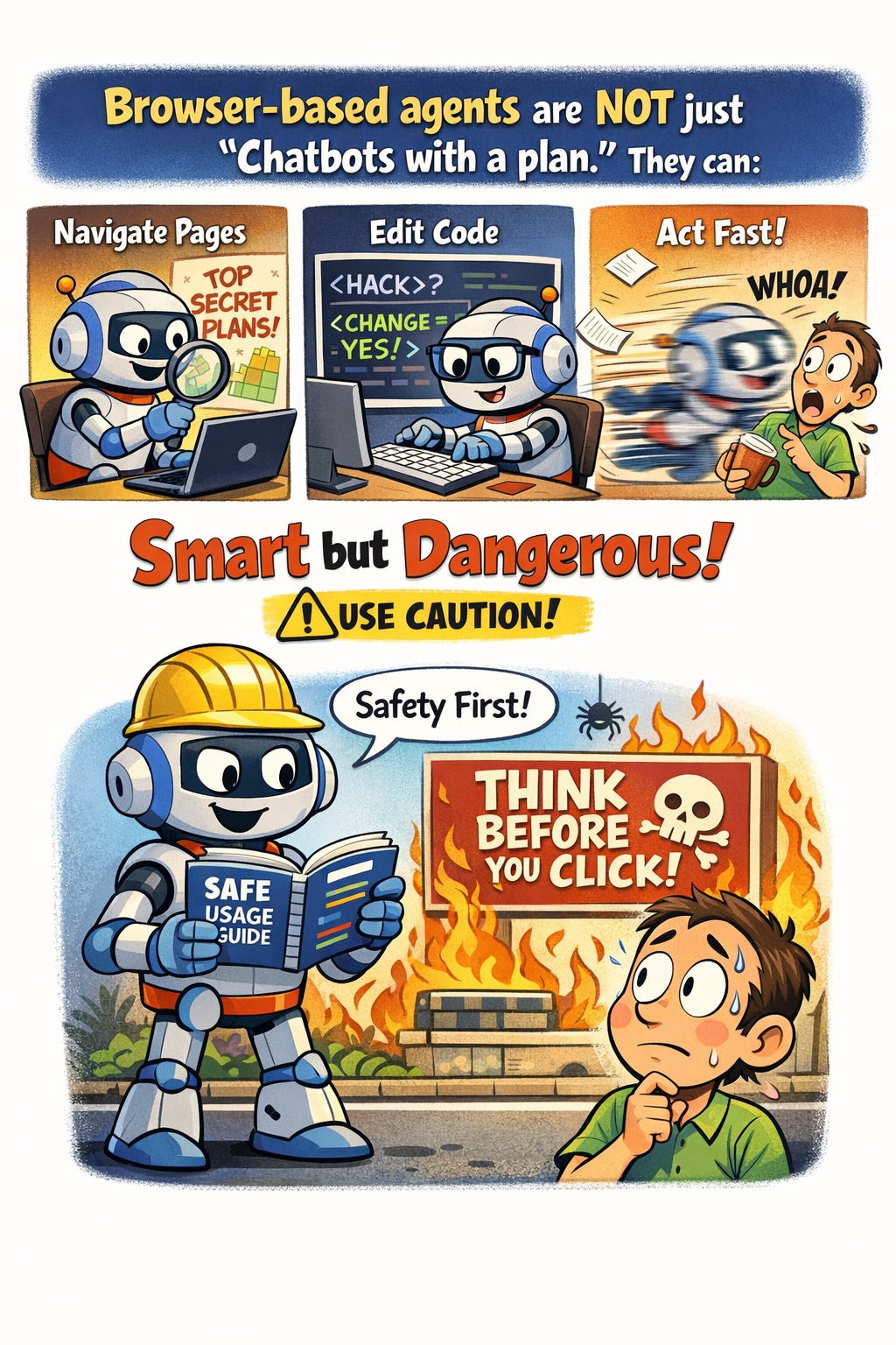 An infographic with cartoon robots demonstrating what browser-based agents can do and why people should put safety first. An infographic with cartoon robots demonstrating what browser-based agents can do and why people should put safety first.