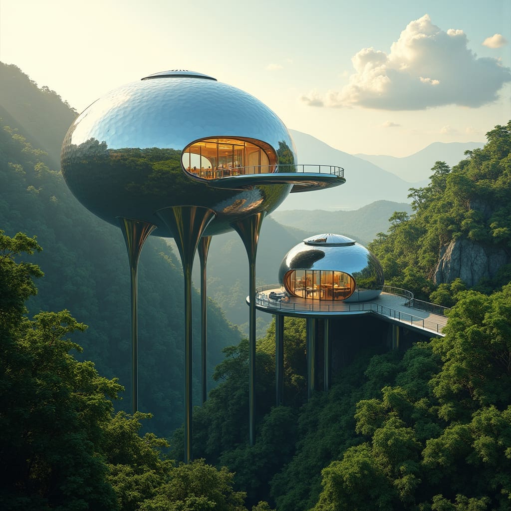 A futuristic, eco-friendly school, a massive sphere nestled into Jamaica's lush Blue Mountains, its reflective surface mirroring the surrounding forest, elevated on slender stilts, creating the illusion of floating above the landscape, with solar panels and natural ventilation blending seamlessly into the tropical environment. Inside, circular, multi-level rooms spiral around a central core, glass walls offering breathtaking, uninterrupted views of the misty mountains.