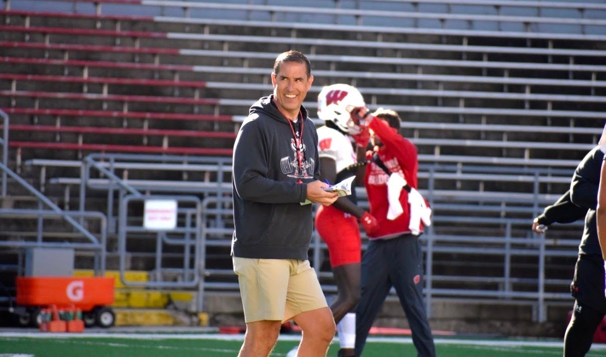 Wisconsin head coach Luke Fickell stands on the field during Badgers spring football practice. Wisconsin head coach Luke Fickell stands on the field during Badgers spring football practice.