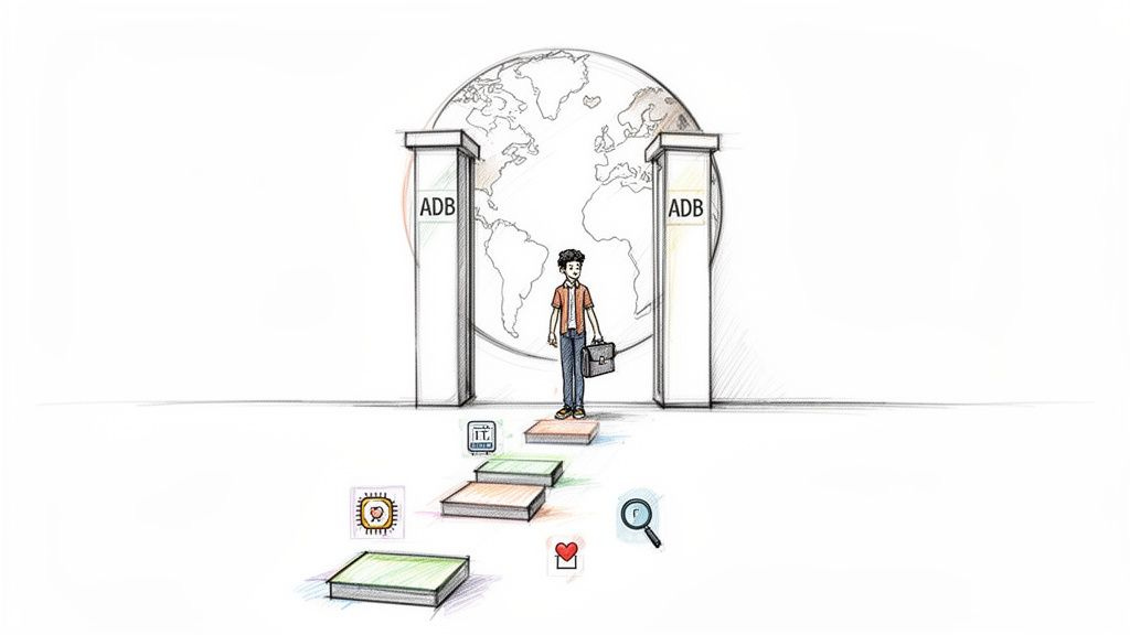 A young person walks on stepping stones towards an ADB archway with a globe, representing a career journey. A young person walks on stepping stones towards an ADB archway with a globe, representing a career journey.