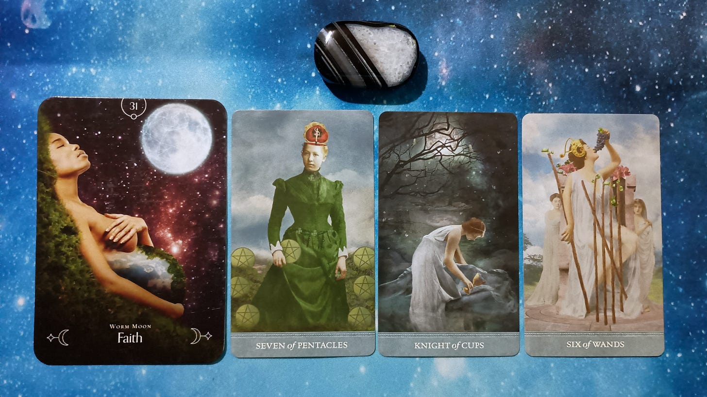 New Moon Magic: Your August 2025 Pick-a-Card Tarot Reading, pile 4 - black agate stone and 4 cards on a starry blue background