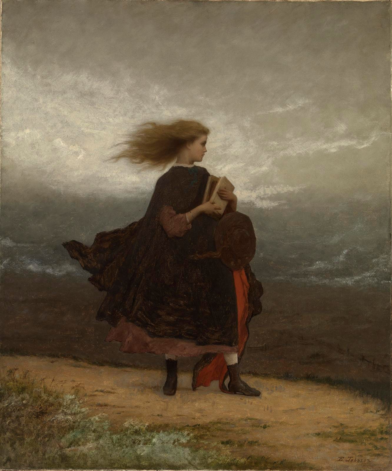 Eastman Johnson, The Girl I Left Behind Me, a young woman on a windy hilltop holding books