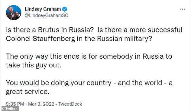 Kremlin says Lindsey Graham is a drunk who's 'lost his mind' for calling  for Putin's assassination | Daily Mail Online