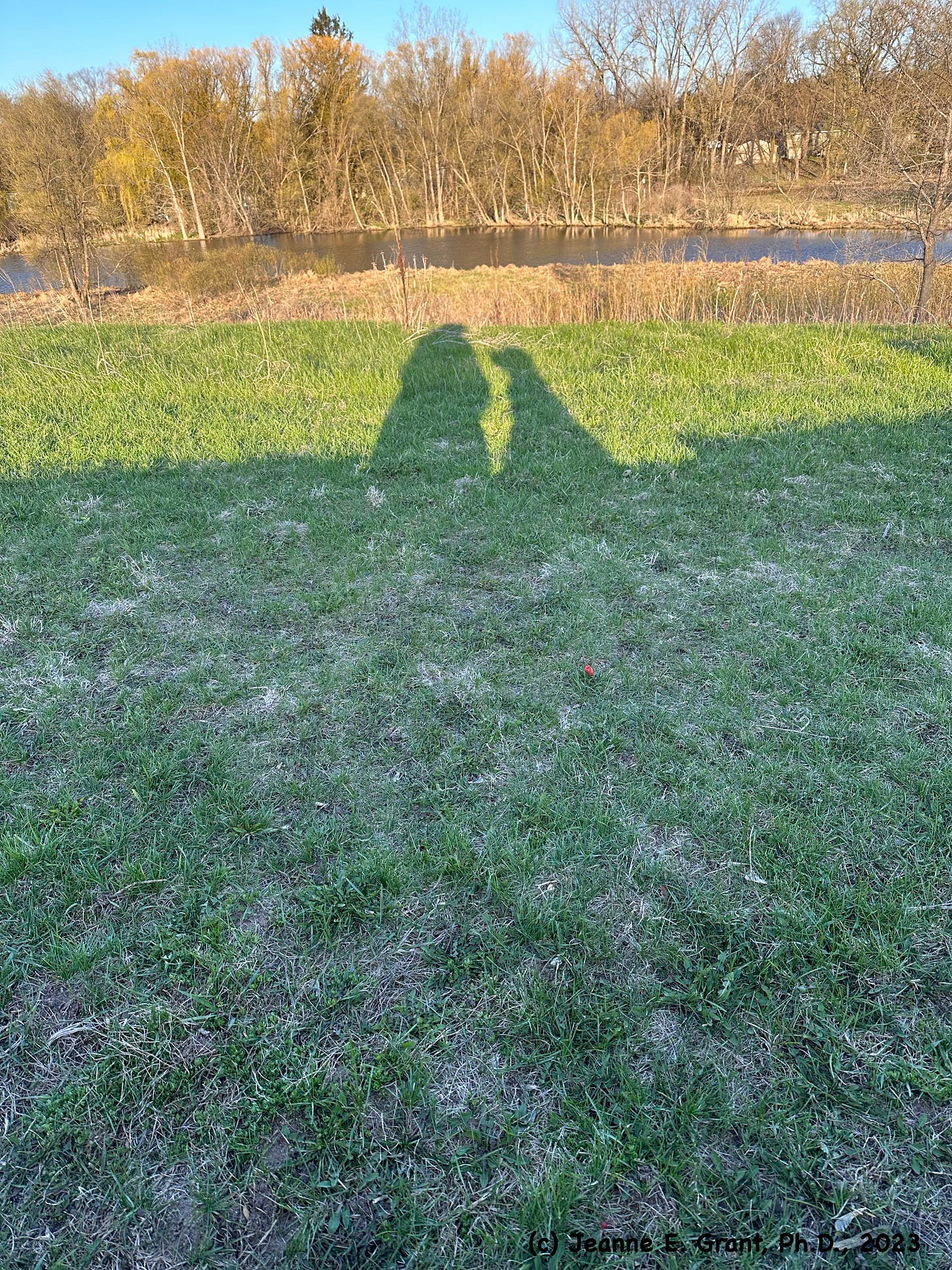 A shadow of myself and Ande sitting next to each falls on green grass with a pond and trees down below.