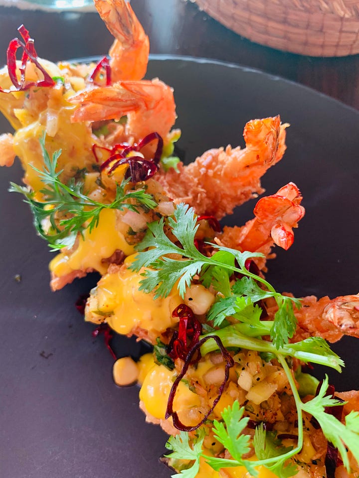 The view and the best coconut shrimp with mango salsa.