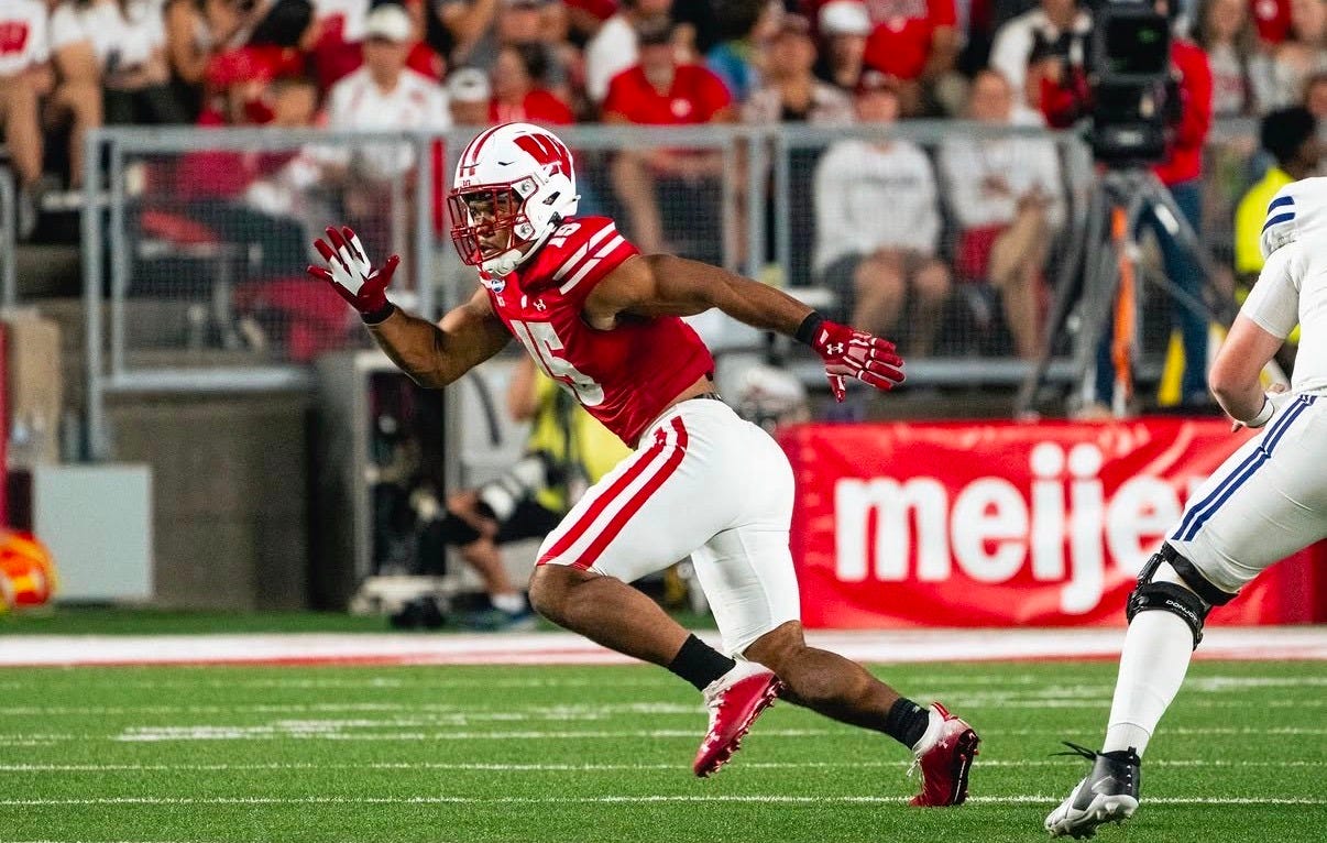 Wisconsin linebacker Sebastian Cheeks runs across the field during a game at Camp Randall Stadium. Wisconsin linebacker Sebastian Cheeks runs across the field during a game at Camp Randall Stadium.