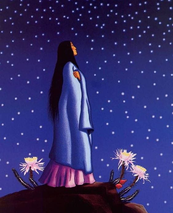 A Navajo woman stands on a hill surrounded by three cacti and flowers. She wears a pink dress and long blue coat that she clutches around her shoulders. Her long black hair hangs loose down her back. She peers up at the night sky filled with hundreds of stars. A Navajo woman stands on a hill surrounded by three cacti and flowers. She wears a pink dress and long blue coat that she clutches around her shoulders. Her long black hair hangs loose down her back. She peers up at the night sky filled with hundreds of stars.