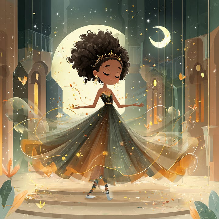 Image 1: A figure in a black and orange ombre dress stands before a large, low-hanging moon, lifting the hem of the voluminous skirt above a dark, reflective water surface.  Image 2: A whimsical illustration of a character in a shimmering gold-accented gown standing on a circular stone stage beneath a large glowing moon and a smaller crescent.  Image 3: A figure in a draped, vibrant yellow floor-length gown walks down a reflective golden path toward a massive, bright yellow moon.  Image 4: A high-fashion silhouette in a dramatic, swirling architectural gown of black and gold silk, posed against the backdrop of a detailed, luminous full moon in a starry sky.