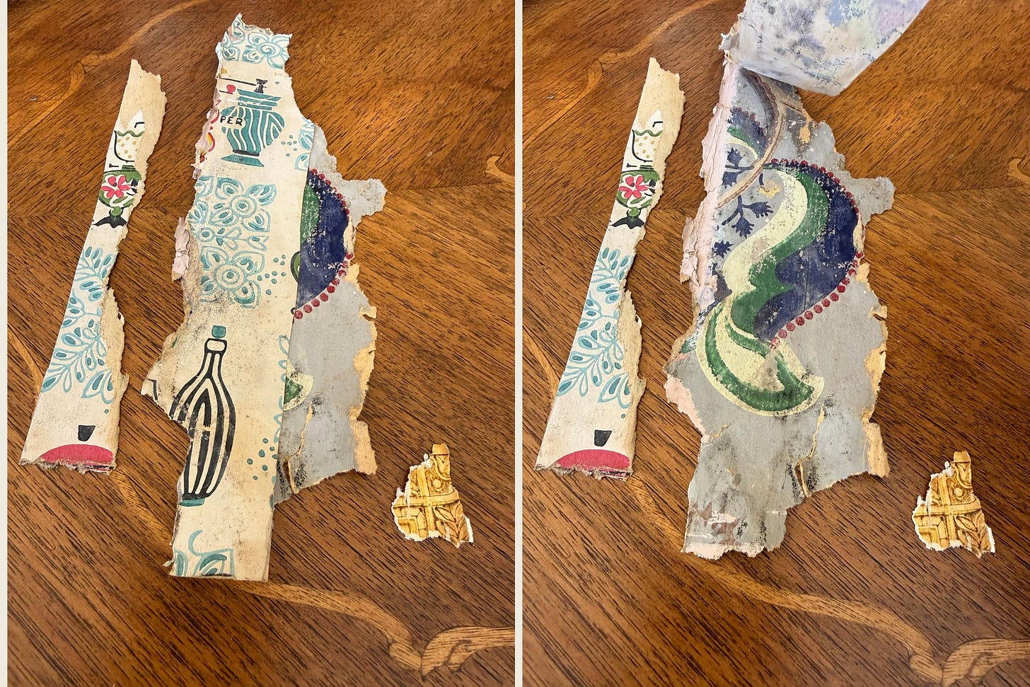 Multiple layers of historic wallpaper discovered inside the walls of the Victoria Suite at the Adams Pragge House Multiple layers of historic wallpaper discovered inside the walls of the Victoria Suite at the Adams Pragge House