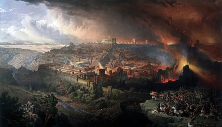 The Siege and Destruction of Jerusalem by the Romans Under the Command of Titus, A.D. 70. Lithograph, 1850, made by Louis Haghe, after a painting by David Roberts, 1850 (oil on canvas).