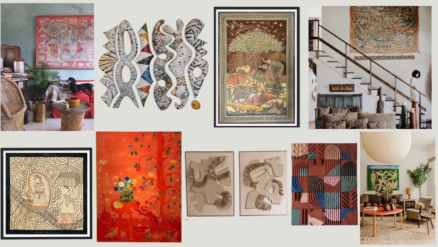Collage of reference images mixing folk art, textiles, woven threads, and contemporary art.
