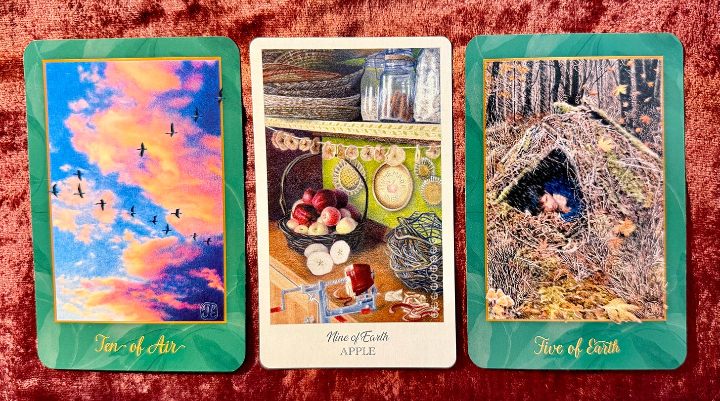 Ten of Air, Gaian Tarot; Nine of Earth, Herbcrafter’s Tarot; Five of Earth, Gaian Tarot. Art by JPC.