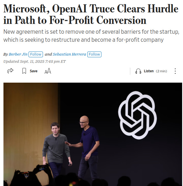 Two men, Satya Nadella and Sam Altman, standing on a stage. A large OpenAI logo with a circular design is projected behind them. The men are dressed in casual attire, one in a gray shirt and the other in a blue shirt.