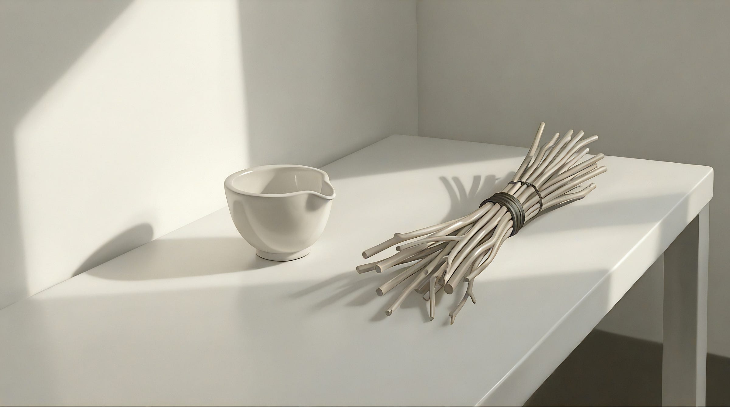 On a sunlit white surface, a small white bowl next to a bundle of thin reeds tied tightly together.