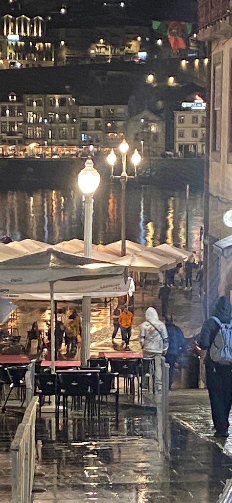 Images of the quayside in Porto with reflections in the rain