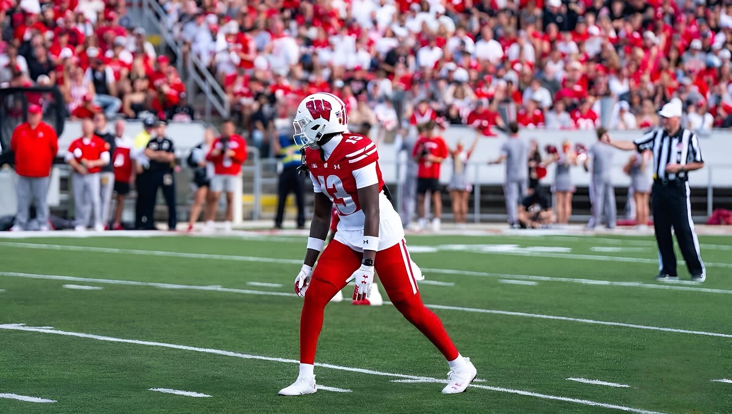 Wisconsin Badgers wide receiver Eugene Hilton Jr. lines up out wide before the snap during a game.