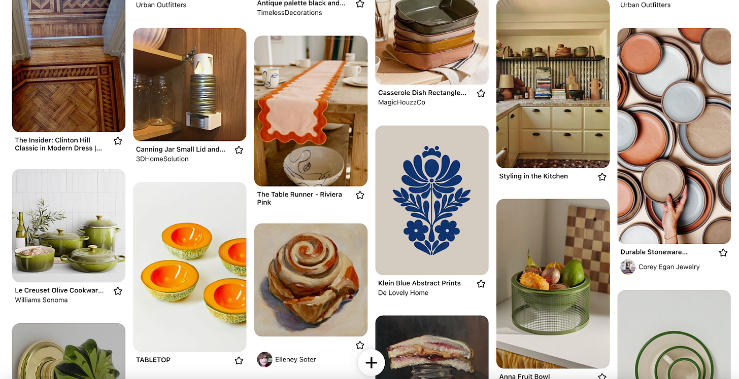 series of pins from pinterest, including art, plates, bowls, table runner, and beautiful wooden floors. 