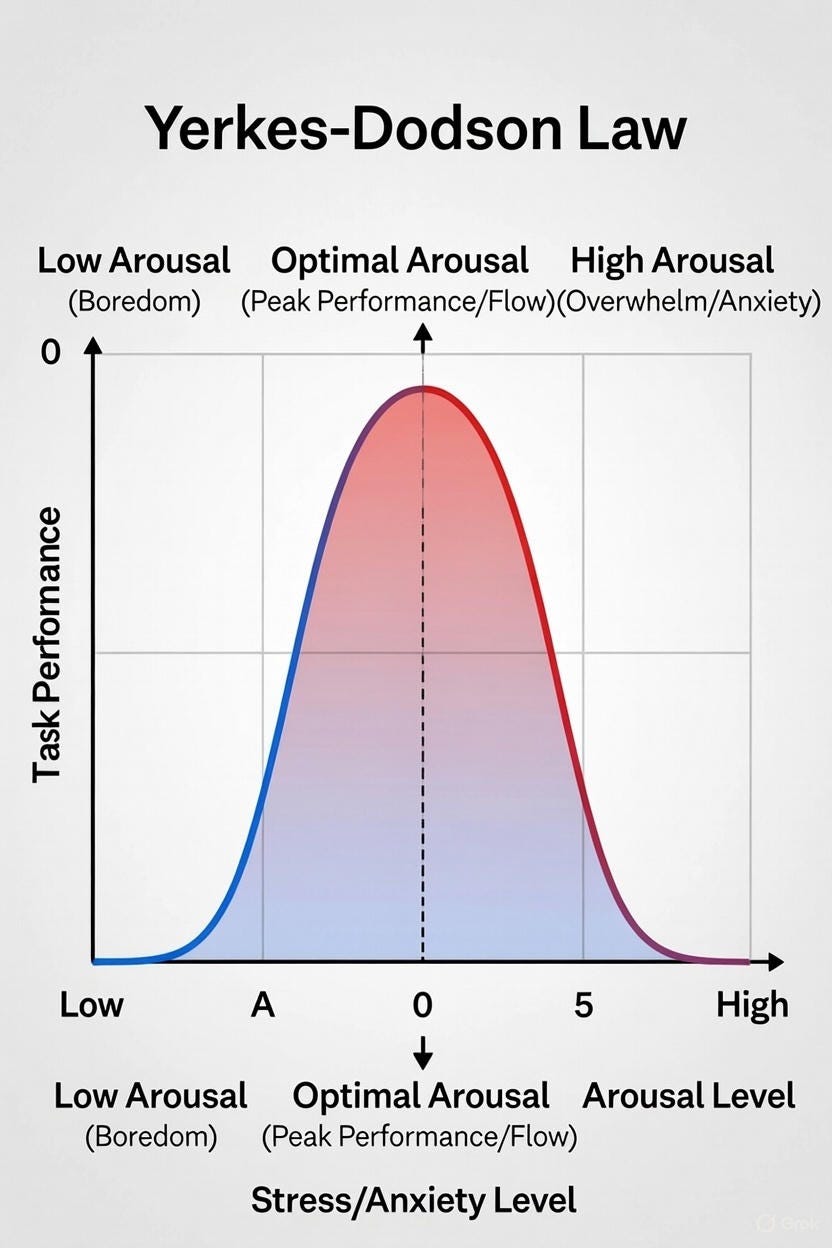 This bell-shaped curve (the famous Yerkes-Dodson law) shows why a dash of stress fuels peak performance, especially for complex tasks. and how the flow code impacts performance This bell-shaped curve (the famous Yerkes-Dodson law) shows why a dash of stress fuels peak performance, especially for complex tasks. and how the flow code impacts performance
