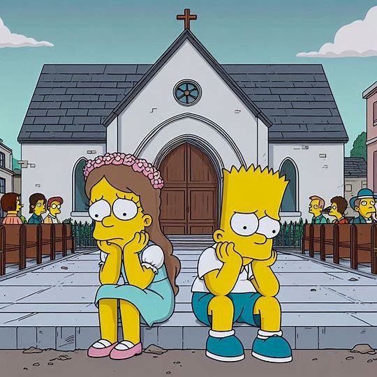 a girl and a boy sitting outside of a church looking depressed in the style of the simpsons