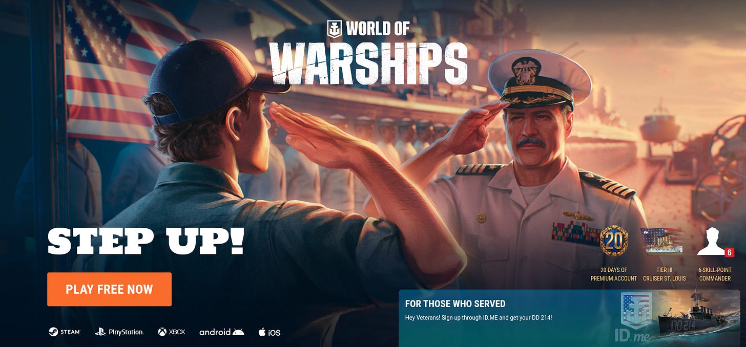 Promotional artwork for the game World of Warships. A young man in a cap salutes a mustached naval officer in a white uniform while ranks of sailors stand behind them; an American flag and a battleship at sunset fill the background. The title “World of Warships” appears at the top, with “STEP UP!” and a “PLAY FREE NOW” button on the left. Callouts advertise “20 DAYS OF PREMIUM ACCOUNT,” “TIER III CRUISER ST. LOUIS,” and “6-SKILL-POINT COMMANDER.” A banner reads “FOR THOSE WHO SERVED” with ID.me and DD-214 imagery. Platform logos shown: Steam, PlayStation, Xbox, Android, and iOS.