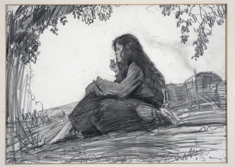 A sketch of Gluck sitting under a tree, gazing thoughtfully at a tree, with a pipe/cigarette in their mouth. They rest on the grass with a distant building and wagon in the background. Quiet mood. The sketch looks like it was done with a graphite pencil, and it is in black and white. Gluck has long hair, and is wearing a long-sleeve shirt and a skirt, with no shoes. A sketch of Gluck sitting under a tree, gazing thoughtfully at a tree, with a pipe/cigarette in their mouth. They rest on the grass with a distant building and wagon in the background. Quiet mood. The sketch looks like it was done with a graphite pencil, and it is in black and white. Gluck has long hair, and is wearing a long-sleeve shirt and a skirt, with no shoes.