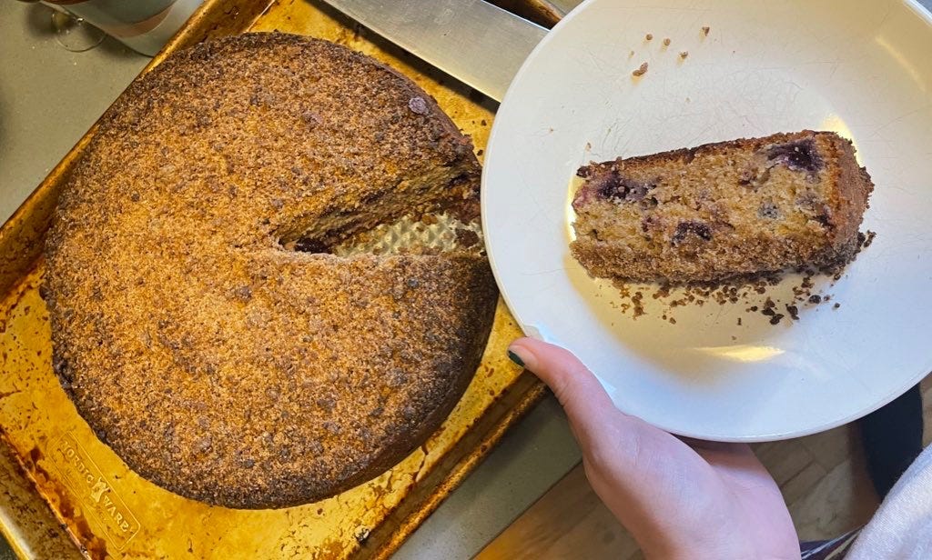 miso blueberry crumb cake with slice cut
