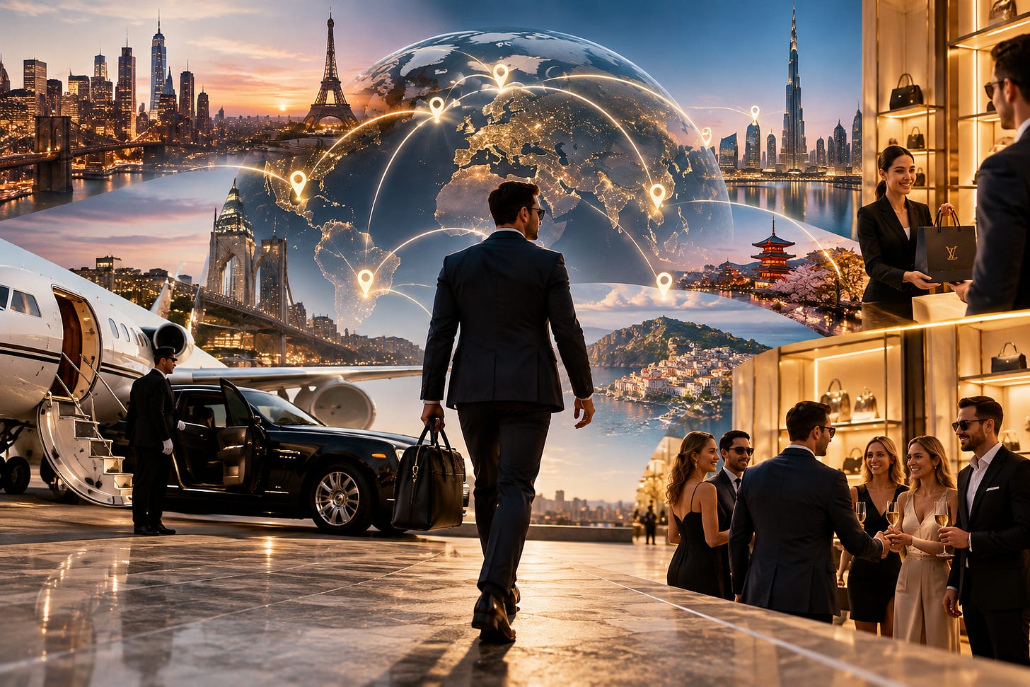 Immagine generata con AI di un uomo che viaggia e partecipa a eventi mondani Immagine generata con AI di un uomo che viaggia e partecipa a eventi mondani