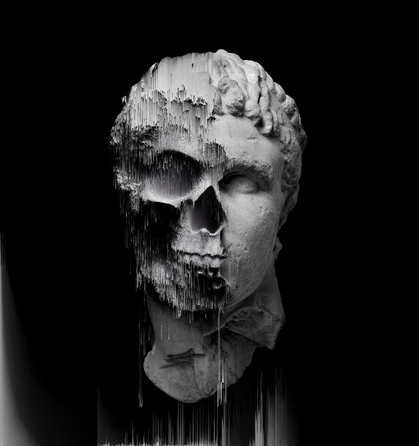 Black and white image of the face of a Greek statue, half of it disintegrating into a skull