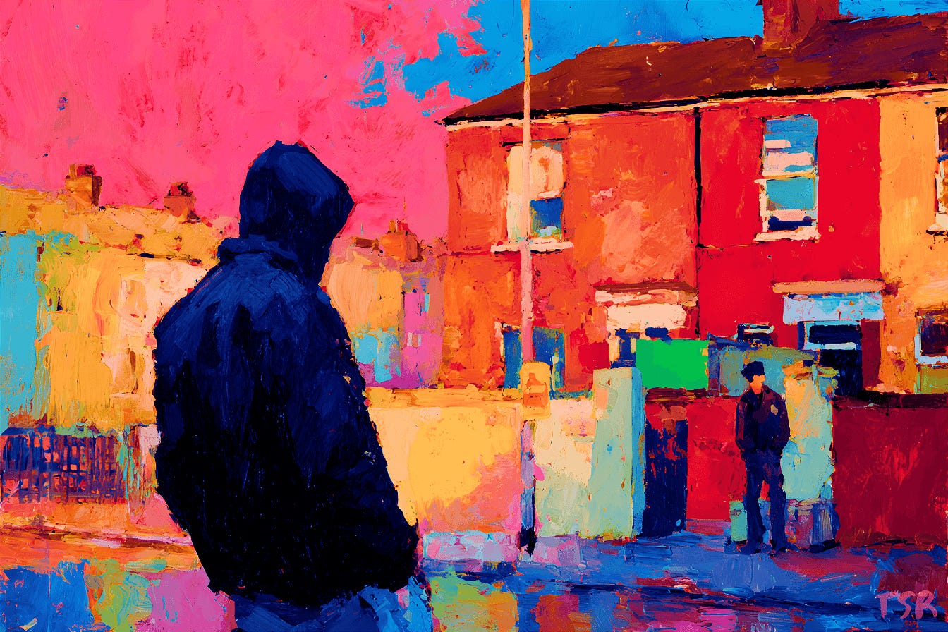 A colorful residential street in Dublin. A hooded figure stands with their back to the viewer, looking across the empty street at a young man waiting on the opposite side.