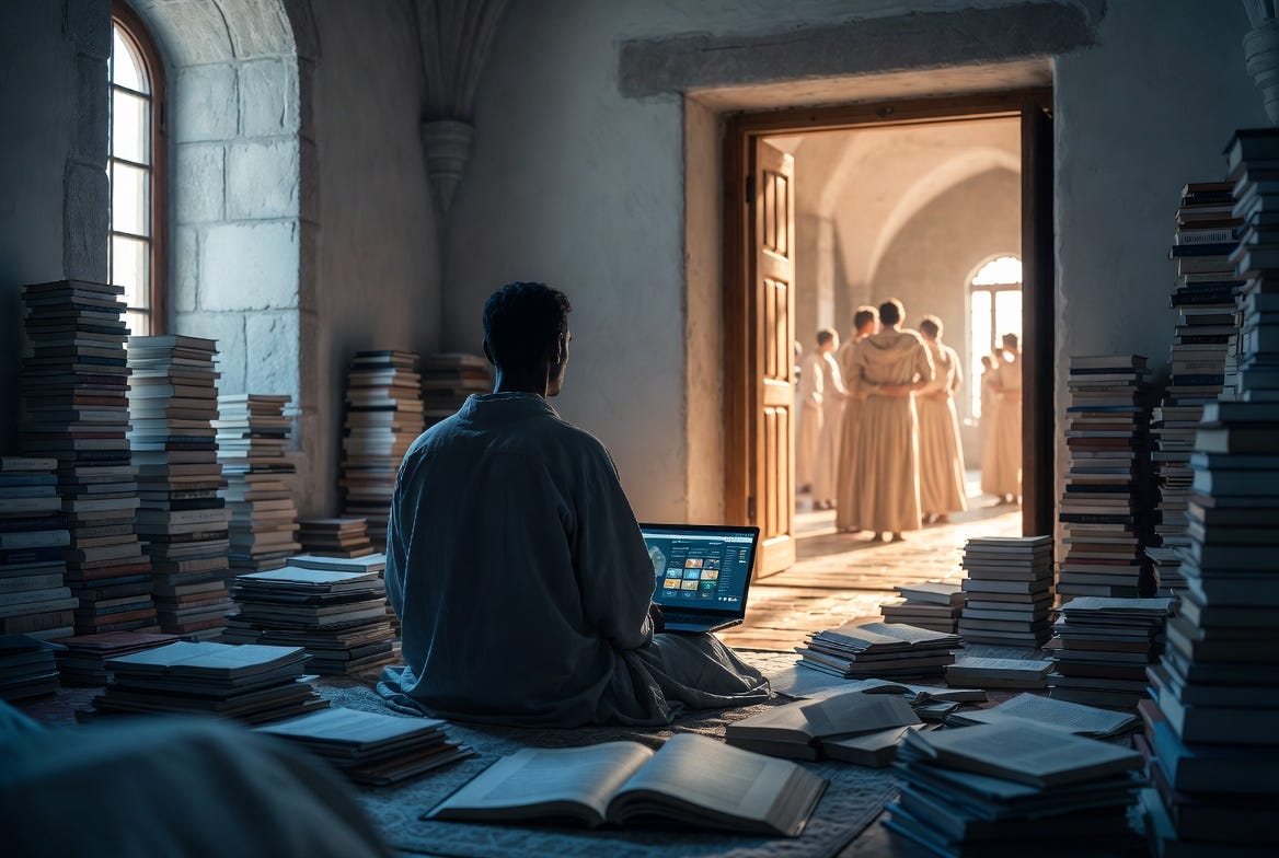 Symbolic hero image for 'The Self-Help Monastery Trap': A solitary figure in a book-filled monastery room gazes at an open door leading to human connection, representing the shift from isolated self-improvement to relational healing. Symbolic hero image for 'The Self-Help Monastery Trap': A solitary figure in a book-filled monastery room gazes at an open door leading to human connection, representing the shift from isolated self-improvement to relational healing.
