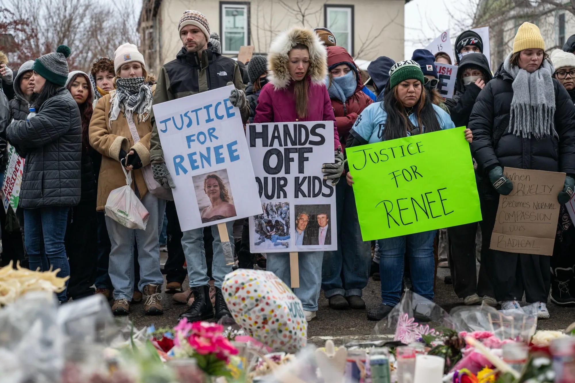 Demonstrators at a memorial for Renée Nicole Good during a protest in Minneapolis on Jan. 10. Demonstrators at a memorial for Renée Nicole Good during a protest in Minneapolis on Jan. 10.