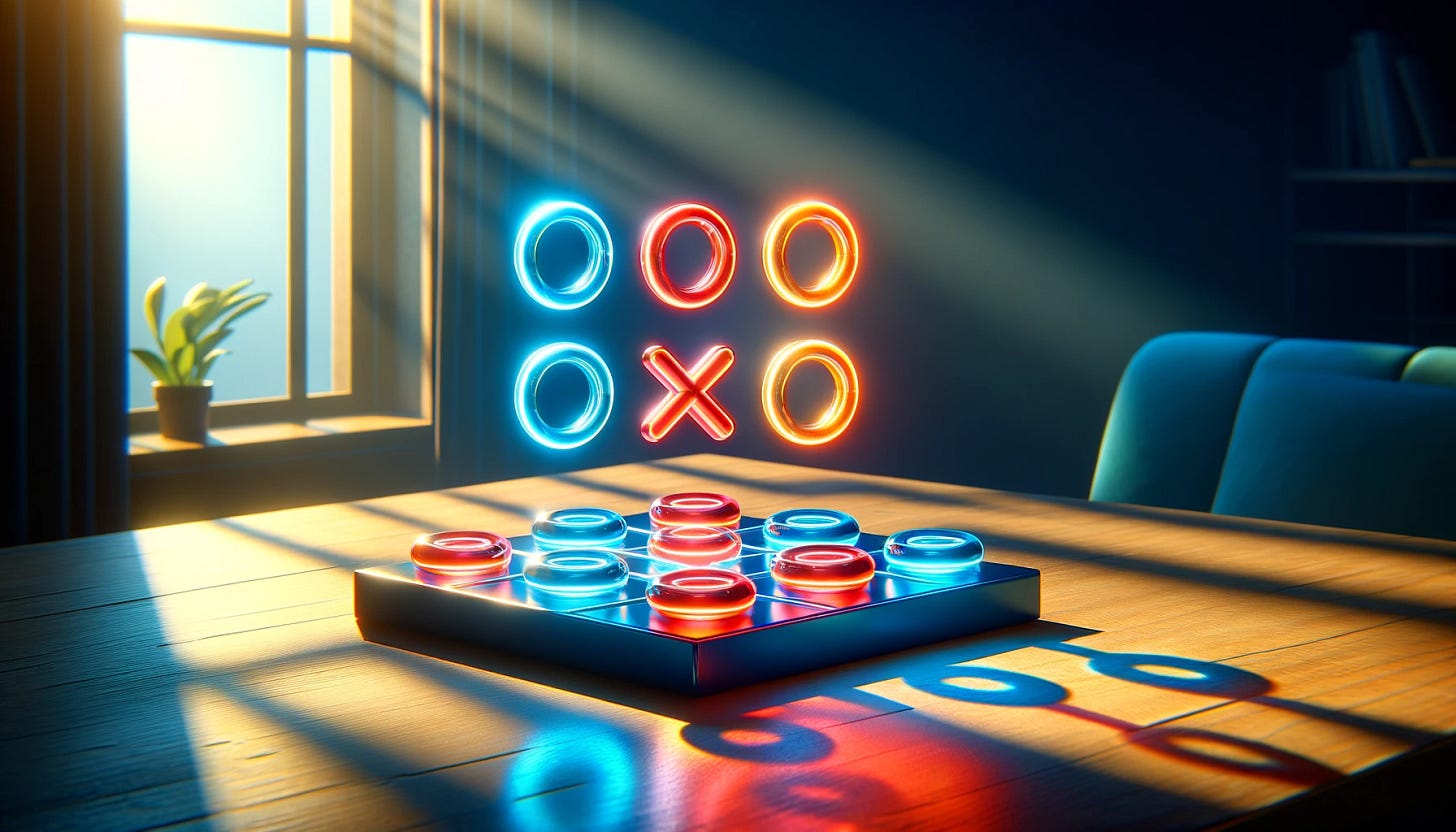 A bright and colorful tic-tac-toe game with blue circles and red crosses on a dark background, set in a sunlit room. One of the lines of X's is highlighted with a bright, glowing effect indicating a win. The background shows the soft sunlight coming through a window, casting gentle shadows and adding a warm, inviting atmosphere. The colors are vibrant, and the design is modern and sleek, with a slight glow around each X and O.