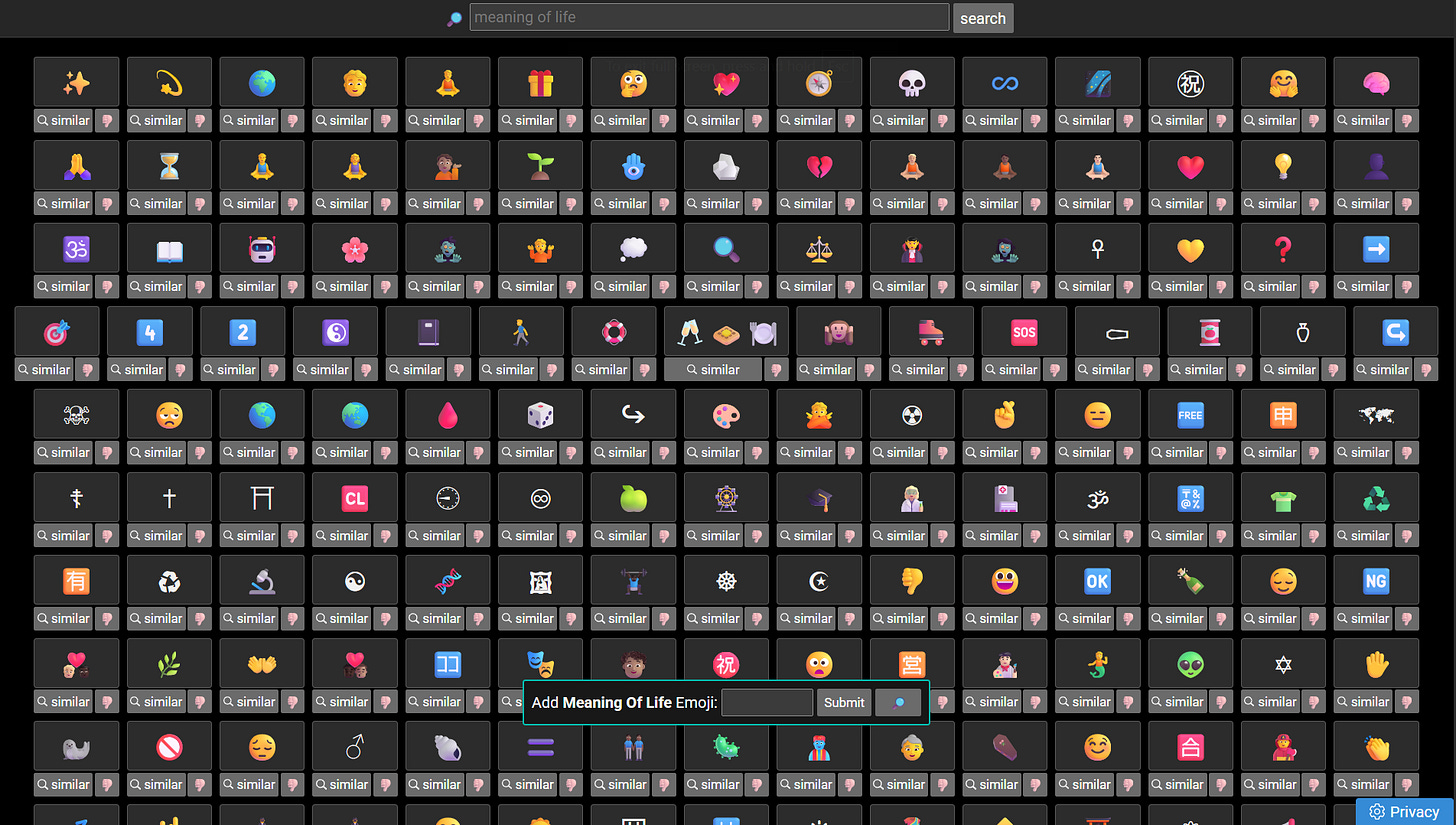 Snímek výsledků hledání výrazu „meaning of life“ (smysl života) v Emoji DB. Snímek výsledků hledání výrazu „meaning of life“ (smysl života) v Emoji DB.