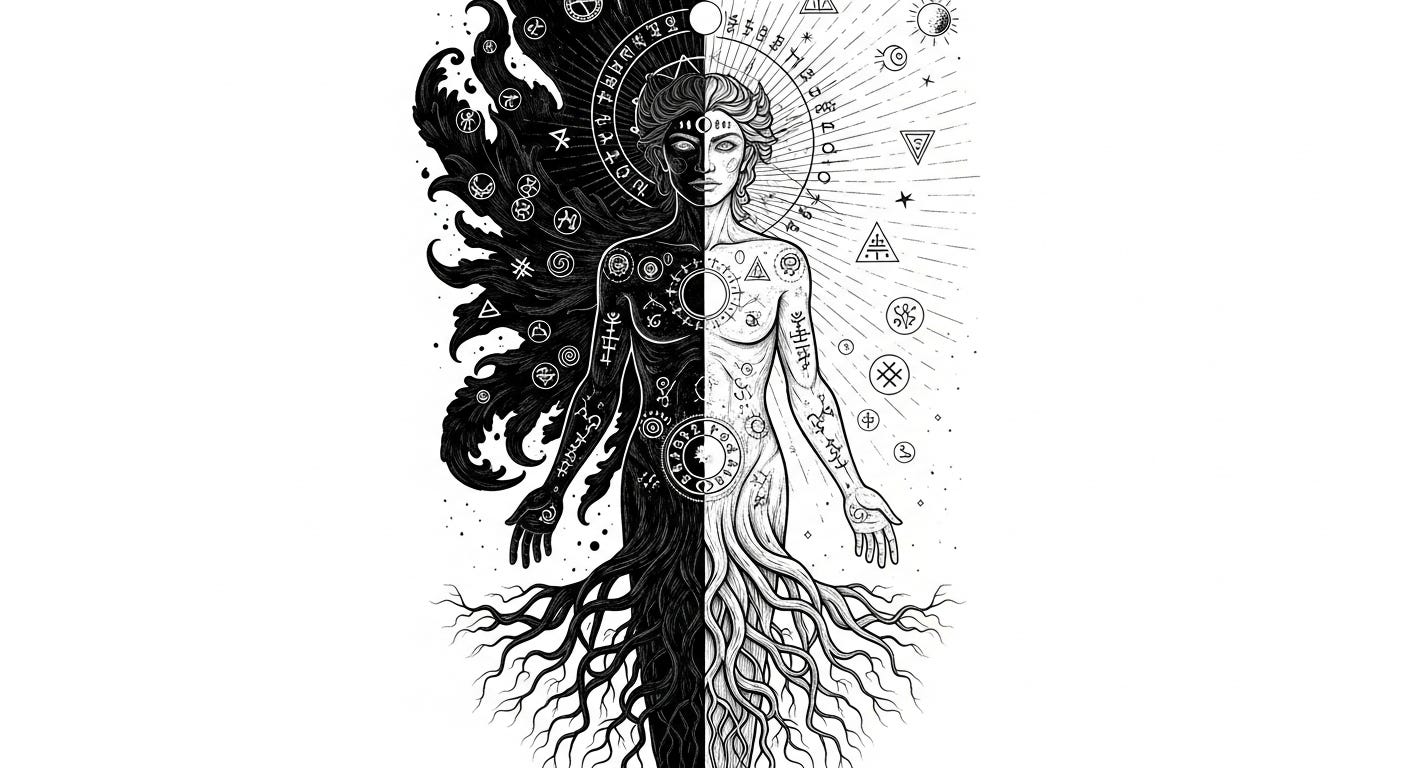 A powerful, highly detailed vintage occult illustration of an androgynous figure bisected into a shadowed, esoteric half and a glowing, alchemical half, rendered in monochromatic black and white, symbolizing integration and ancient wisdom. A powerful, highly detailed vintage occult illustration of an androgynous figure bisected into a shadowed, esoteric half and a glowing, alchemical half, rendered in monochromatic black and white, symbolizing integration and ancient wisdom.