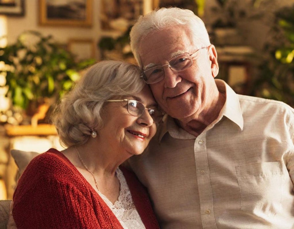 Portrait of 90-year-old white couple with wife snuggling against husband, who is looking directly into camera while wife is looking off to the right. Background is apparently their living room.