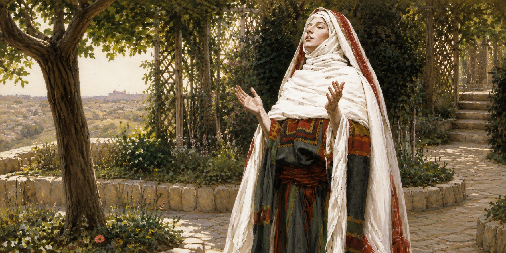 Mary praying the Magnificat in a garden overlooking Jerusalem. Inspired by the biblical paintings of James Tissot. Mary praying the Magnificat in a garden overlooking Jerusalem. Inspired by the biblical paintings of James Tissot.
