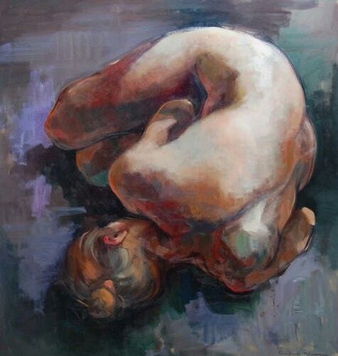 This may contain: an oil painting of a woman's head and body laying on the ground with her eyes closed