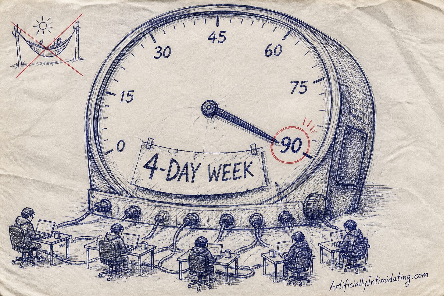 Pen-and-ink cartoon: an enormous office clock face whose dial is numbered 0 to 90 in hours, with the hand pointing at 90. A torn paper banner strung across the dial reads 4-DAY WEEK. Below, tiny workers in hoodies sit at small desks wired by thick cables into the base of the clock. A small crossed-out sketch of a hammock sits in the corner. A red circle marks the number 90.