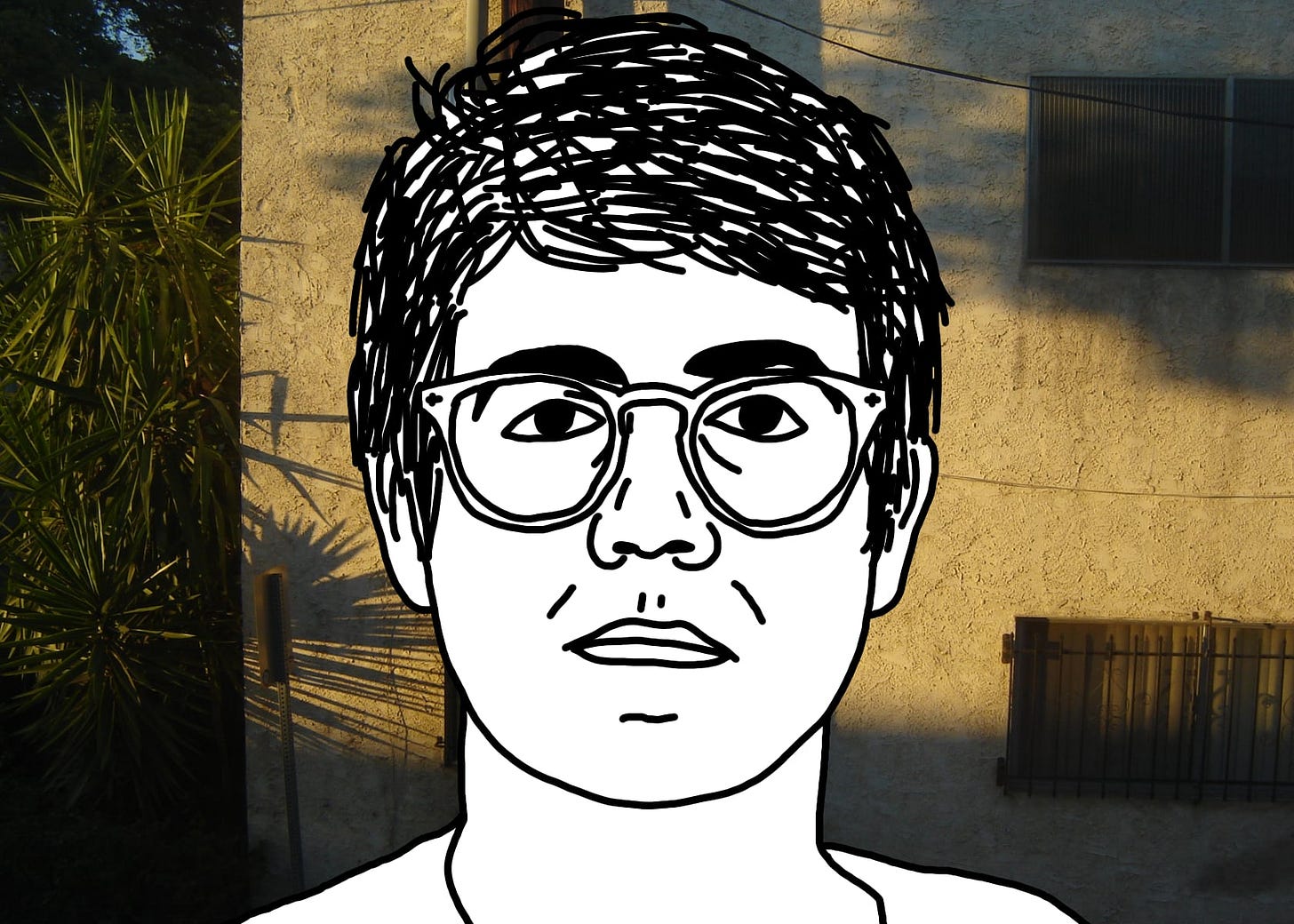 A black line drawing of Alex, the protagonist of "I Hear You Watching." He is white, short messy parted hair, glasses. He stares straight at you, unsmiling. In the background is the side of a cracked stucco apartment building with iron-barred windows and clusters of long green succulent spikes stretching sharp shadows across the wall in golden evening light.