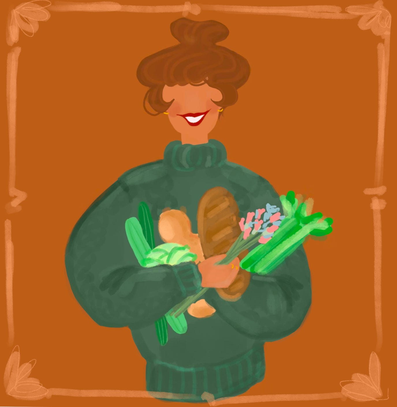 A generic white woman with a messy bun holding her farmers market bounty. She is on an orange background. A generic white woman with a messy bun holding her farmers market bounty. She is on an orange background.
