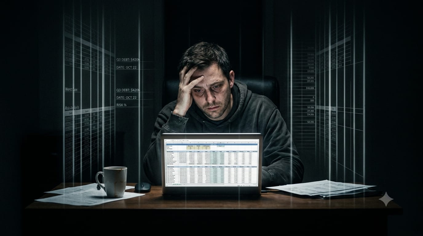 A tired-looking man, sitting at a desk with a laptop displaying spreadsheets and data projections, rests his head heavily on his hand. The scene is enveloped in holographic light projections showing financial metrics like "Q3 Debt: $42k," "Worst Case," and "Risk %." His anxious expression and deep in thought contrast sharply with the professional, data-driven environment, illustrating internal worry over his financial and professional stability