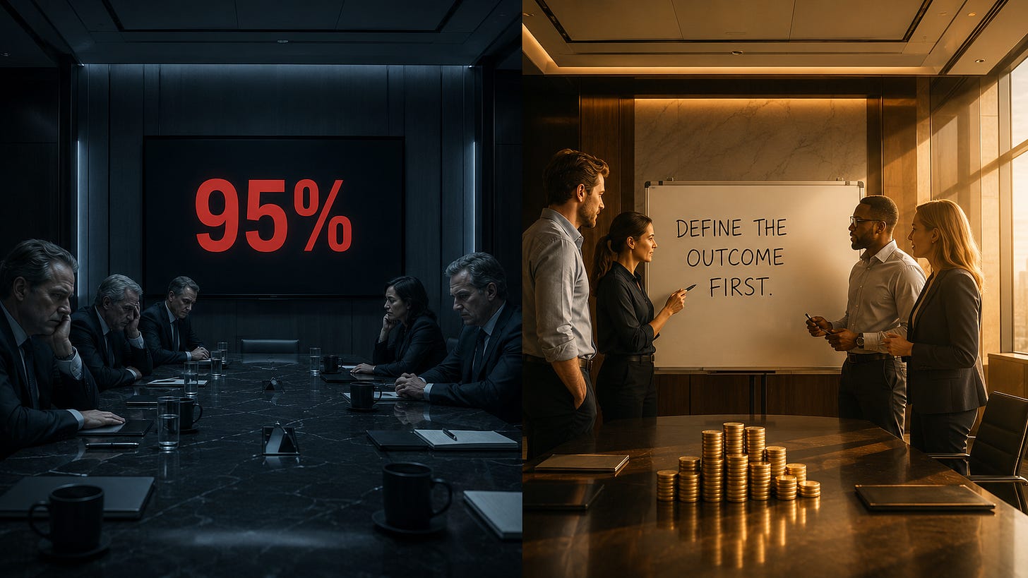 Split-screen boardroom shows AI cost chaos versus outcome-first planning.
