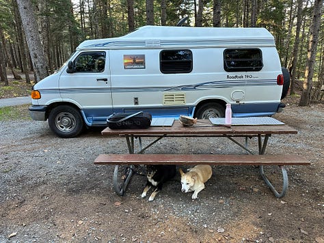 Photos of the campground, ocean, hiking, and dogs