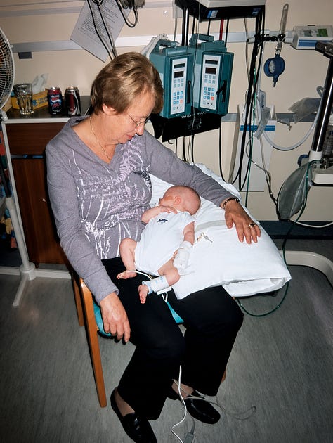 A six-photo collage documenting the early weeks after the birth of my twin sons. The images include one baby wrapped in a hospital towel, another receiving breathing support in neonatal intensive care, me holding both babies shortly after birth, their father cradling both twins, my mum cuddling one of the babies in hospital, and my dad holding one of the twins in intensive care. The gallery captures both the trauma of a difficult start to life and the constant presence of loving family members who surrounded and supported us throughout.