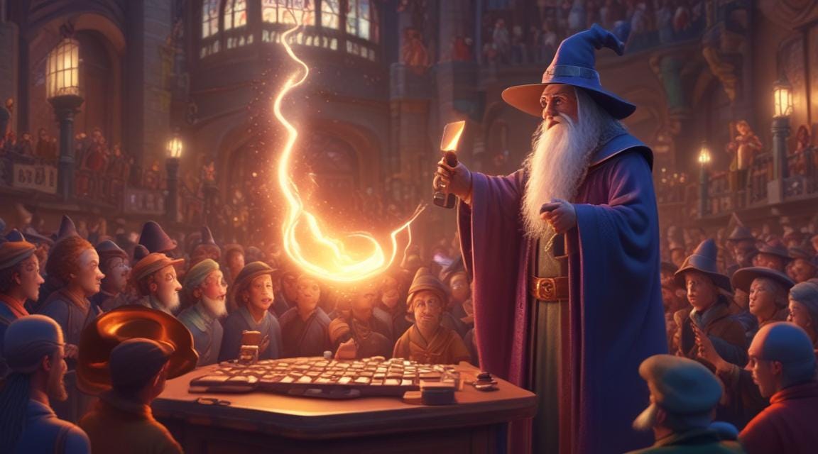 A wicked wizard using his “utilitarian calculus” to cast a spell on a crowd of people. A wicked wizard using his “utilitarian calculus” to cast a spell on a crowd of people.