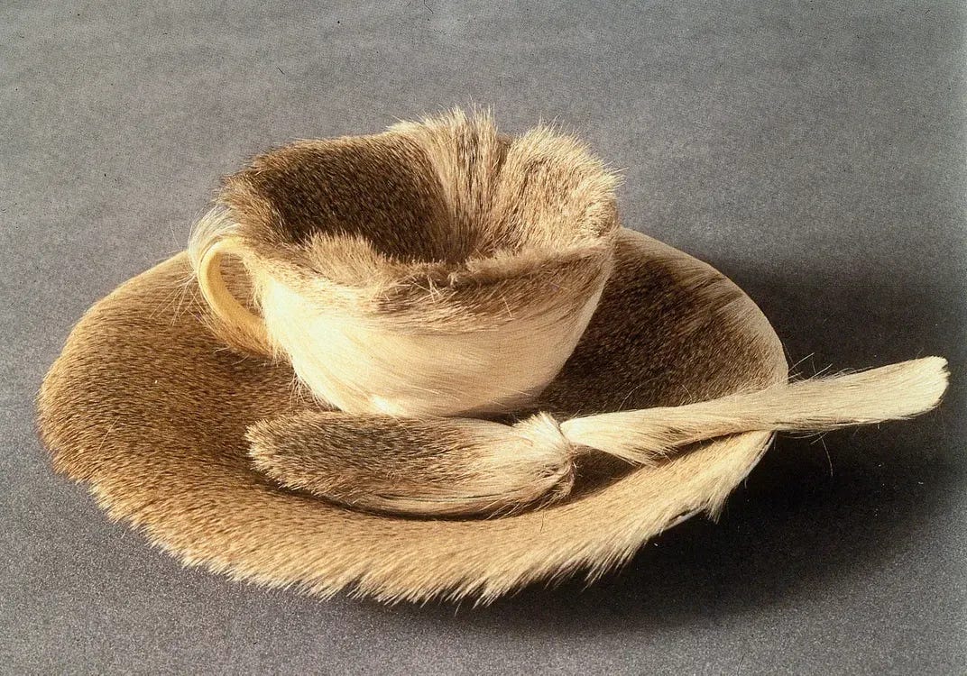 A teacup, saucer, and spoon fully covered in soft brown fur, creating a surreal and tactilely unsettling version of a traditional tea set.