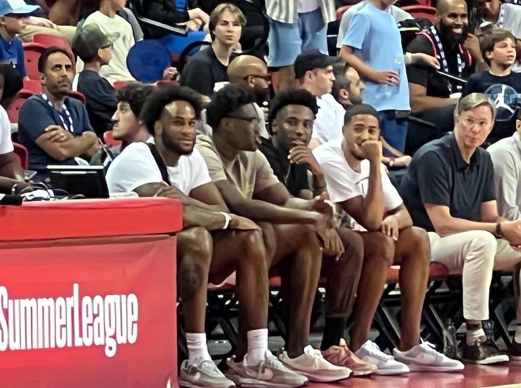 Nesmith sits with Oshae Brissett, Jalen Smith and Tyrese Haliburton at the Summer Pacers’ first game in Las Vegas. Nesmith sits with Oshae Brissett, Jalen Smith and Tyrese Haliburton at the Summer Pacers’ first game in Las Vegas.