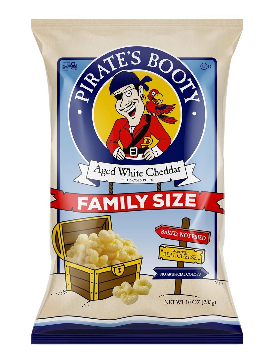a bag of Pirate's Booty Aged White Cheddar Cheese Puffs